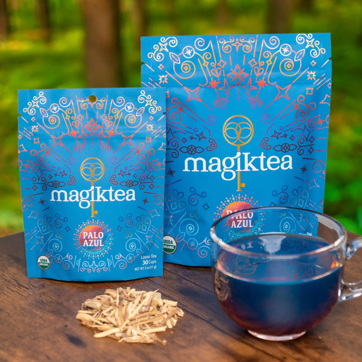 Organic palo azul pouches with blue cup